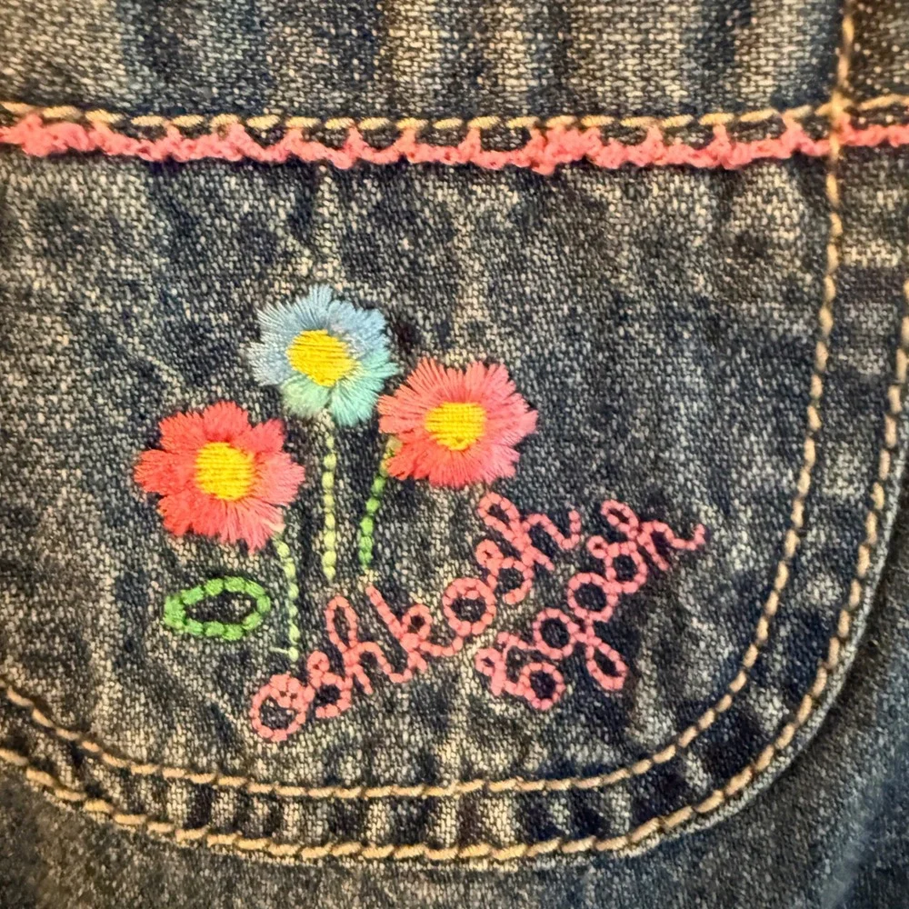 OshKosh B'gosh Girls Blue Denim Floral Embroidered Overall Dress Jumper Toddler2